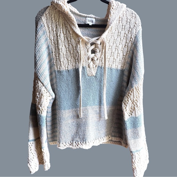 BKE Knit Hoodie Sweater SMALL Lace Up V Front- Flowy Sleeves boho Blue & Cream - Picture 1 of 11
